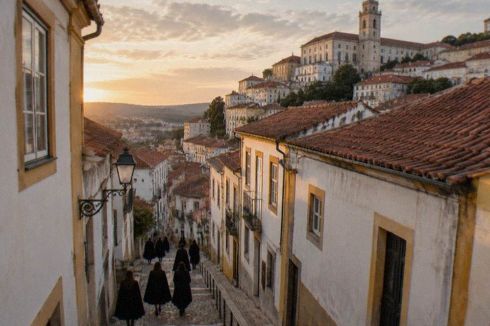 Students in black capes walking down a narrow cobbled street of the old town below the university buildings in Coimbra