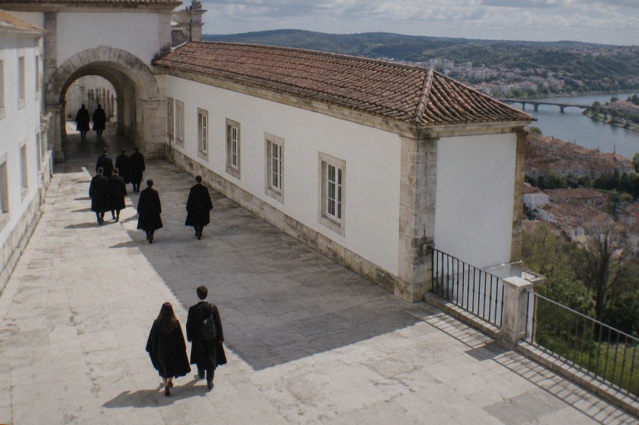 Students in black capes walking through the stone archway of the University of Coimbra's hilltop campus