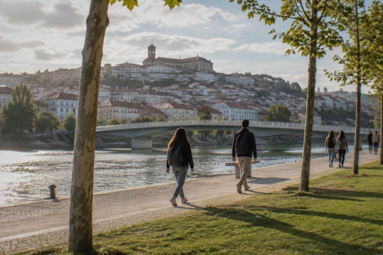 Students and visitors walking through the old university hill above the River Mondego in Coimbra, Portugal