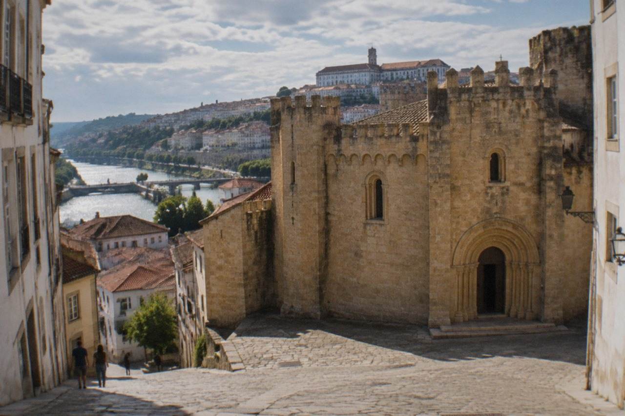 The old cathedral and university buildings of Coimbra seen from a hillside street above the River Mondego