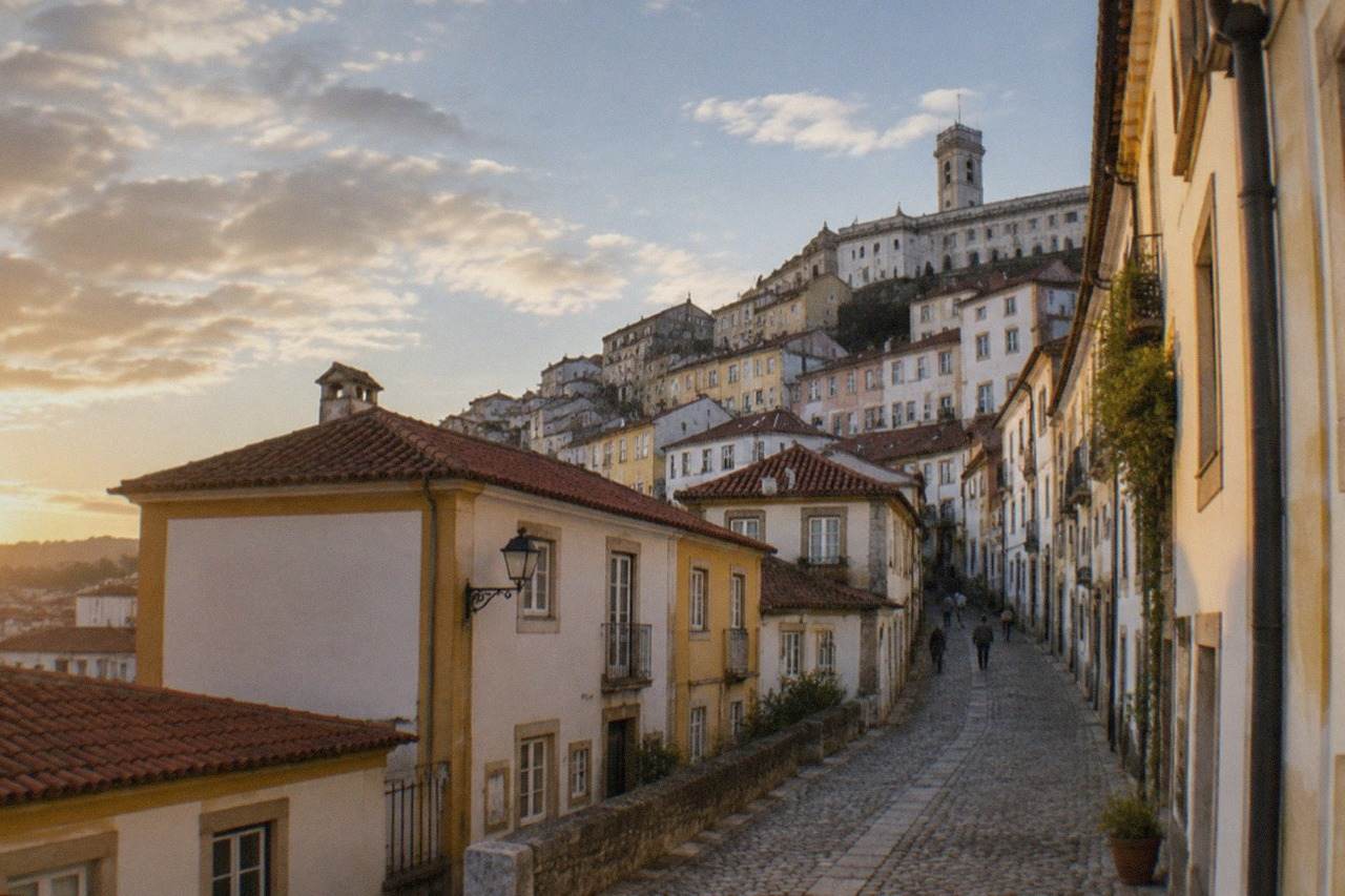 Narrow cobbled street in the old town of Coimbra rising toward the university hill