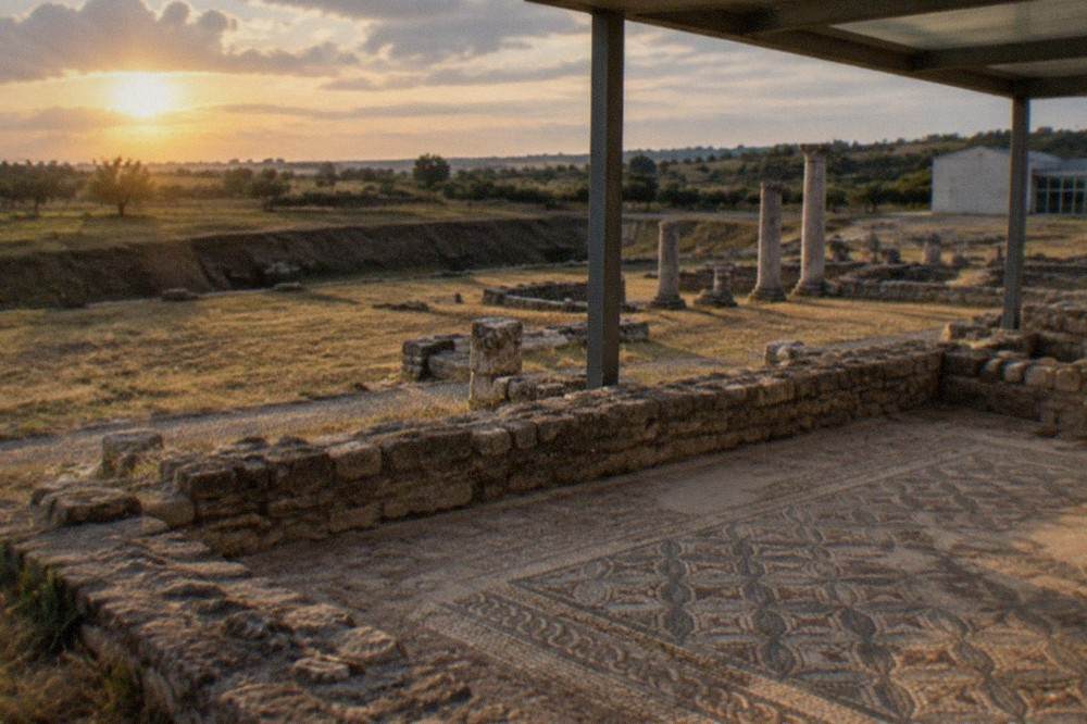 Stone columns and excavated Roman foundations at Conimbriga with the museum building nearby