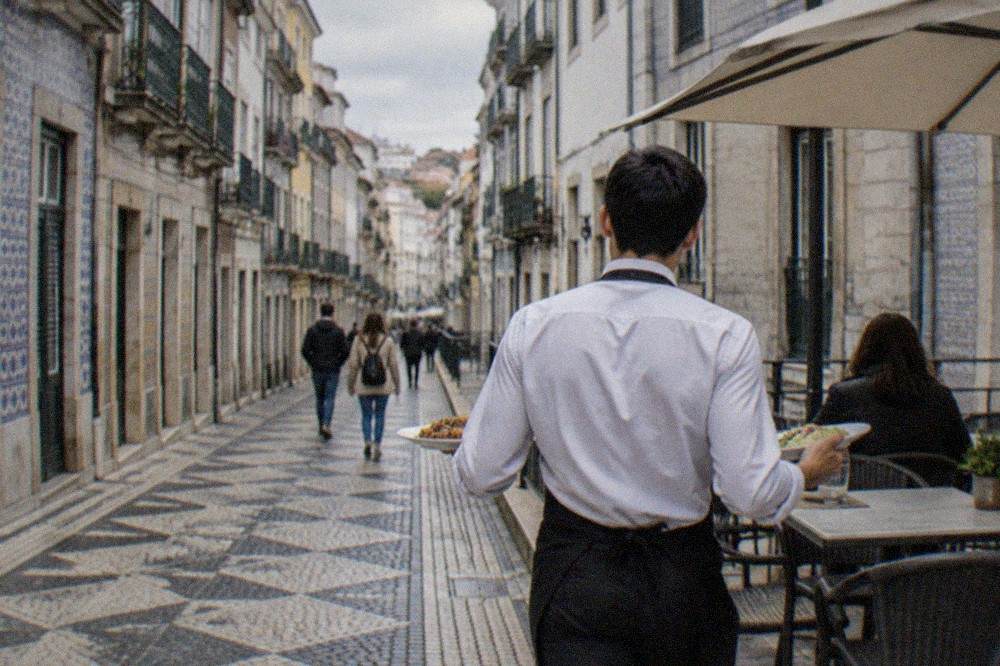 A waiter bringing two plates of food to a table on a terrace overlooking a Portuguese city street