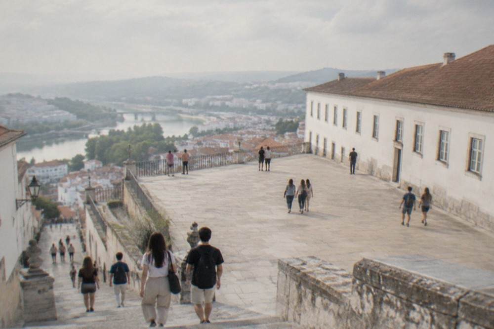 Students and visitors on the stone staircases leading up through the old town to the University of Coimbra