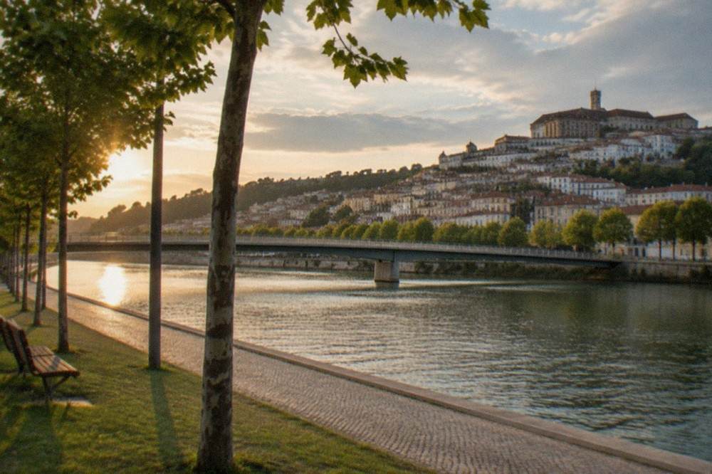 The River Mondego flowing past the old town of Coimbra on a bright afternoon