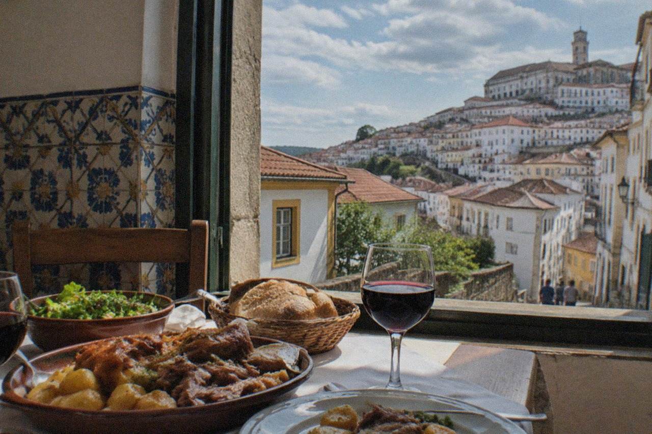 A table of Portuguese dishes with roast meat, bread and wine in a tiled dining room