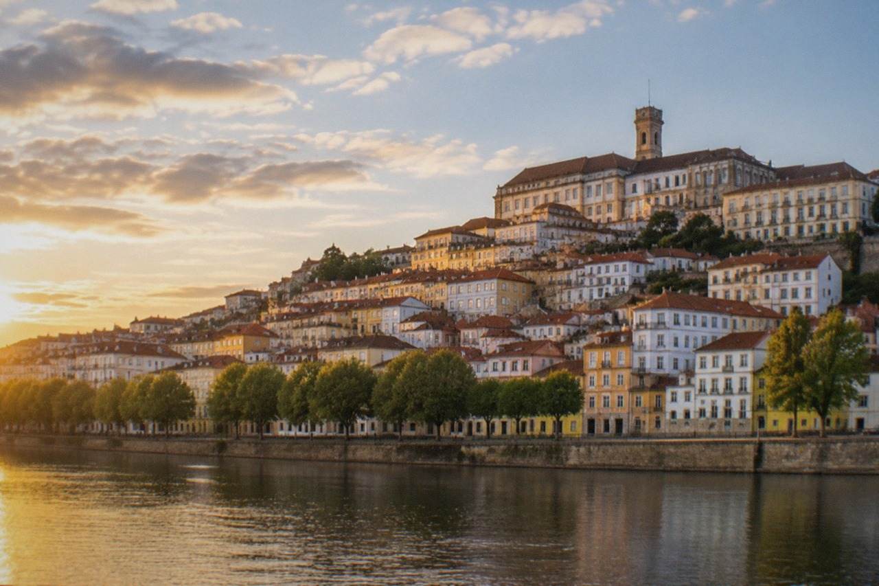 The historic university buildings of Coimbra seen from across the River Mondego at golden hour