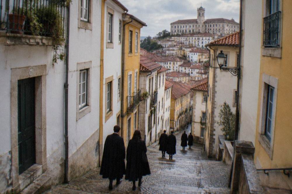 Students in traditional black capes walking through a narrow cobblestone street in Coimbra's old town
