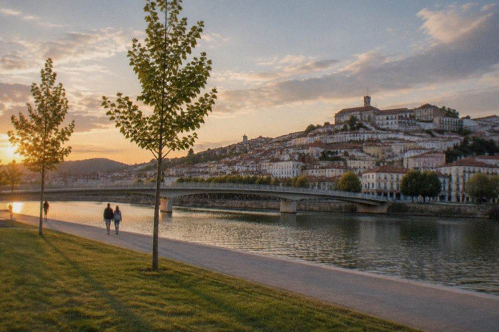 The old town of Coimbra and the River Mondego at dusk, seen from the university hill