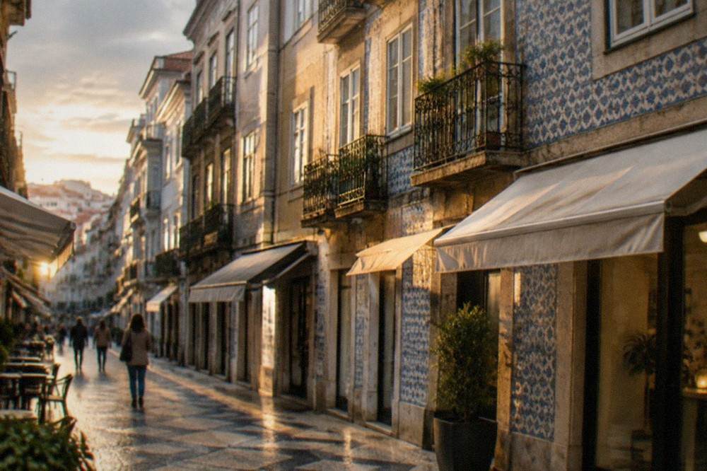 A pedestrian shopping street in Coimbra's lower town with tiled building facades and awnings