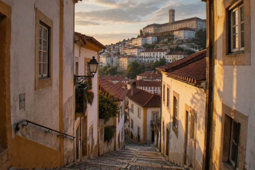 Narrow stepped lane in Coimbra lined with old buildings climbing toward the university hill