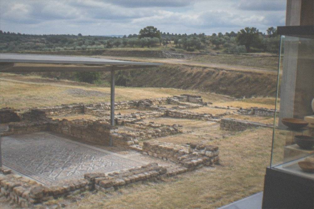 Interior of a small archaeology museum with glass display cases of Roman artefacts