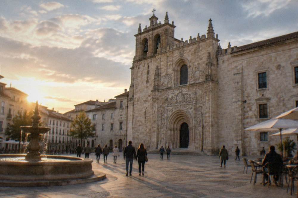 Evening view of the Santa Cruz monastery square with people walking in Coimbra's lower town