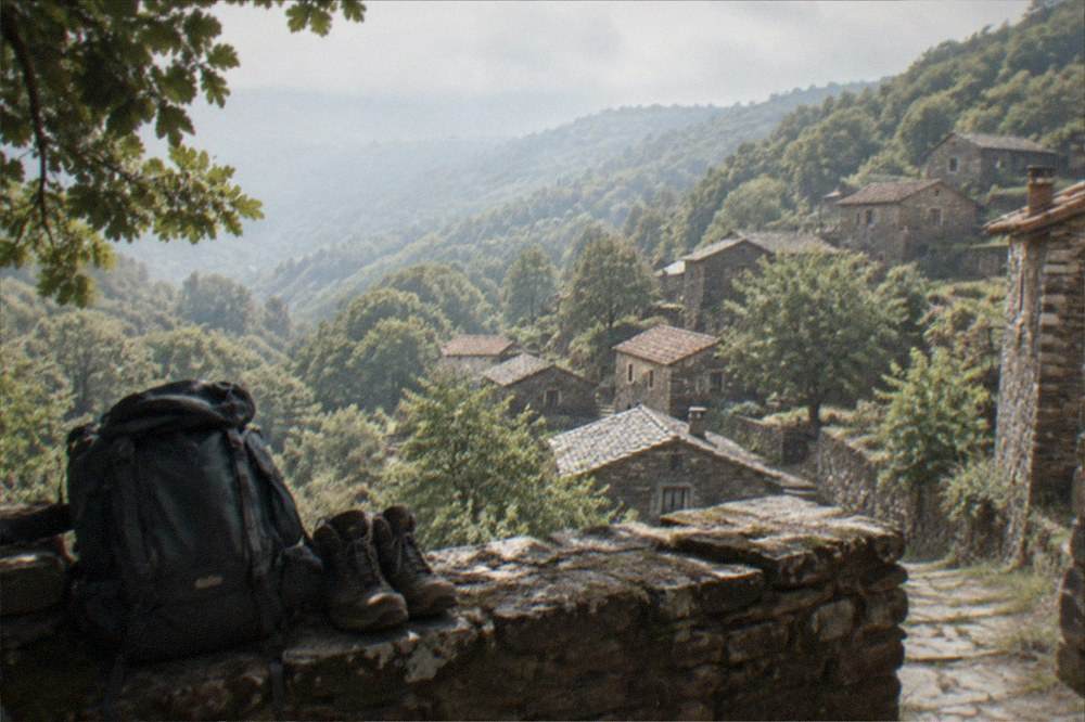 Backpack and walking boots resting on a stone wall above a village