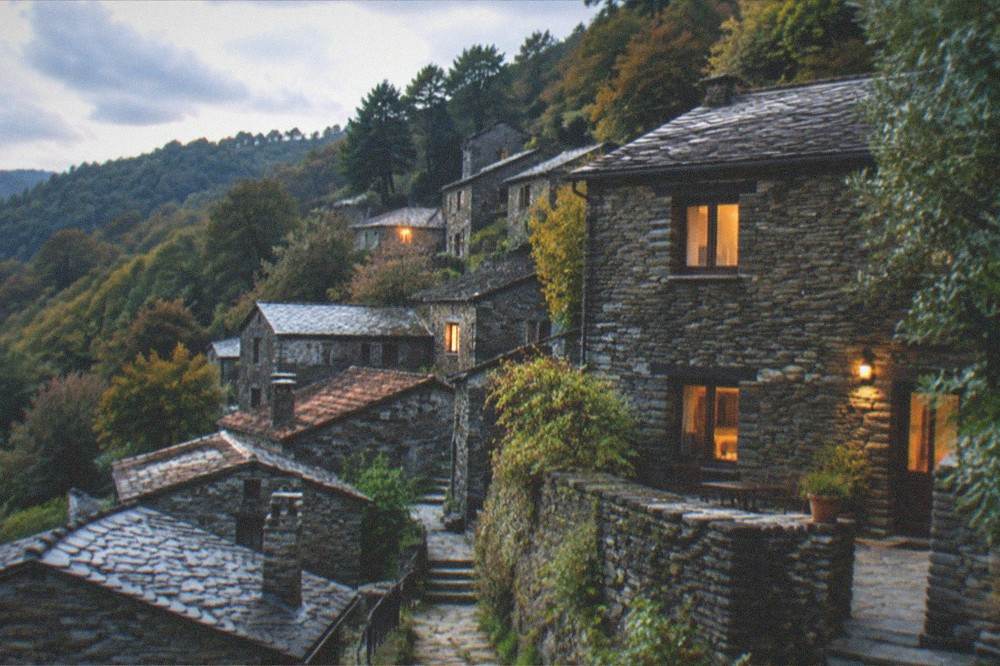 Restored schist guesthouse with lit windows at dusk in the mountains
