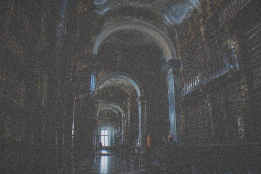 The baroque interior of the Joanina Library with tall wooden bookshelves