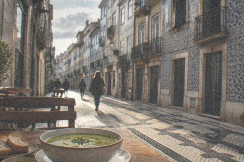 A bowl of green vegetable soup with bread and olive oil on a wooden table
