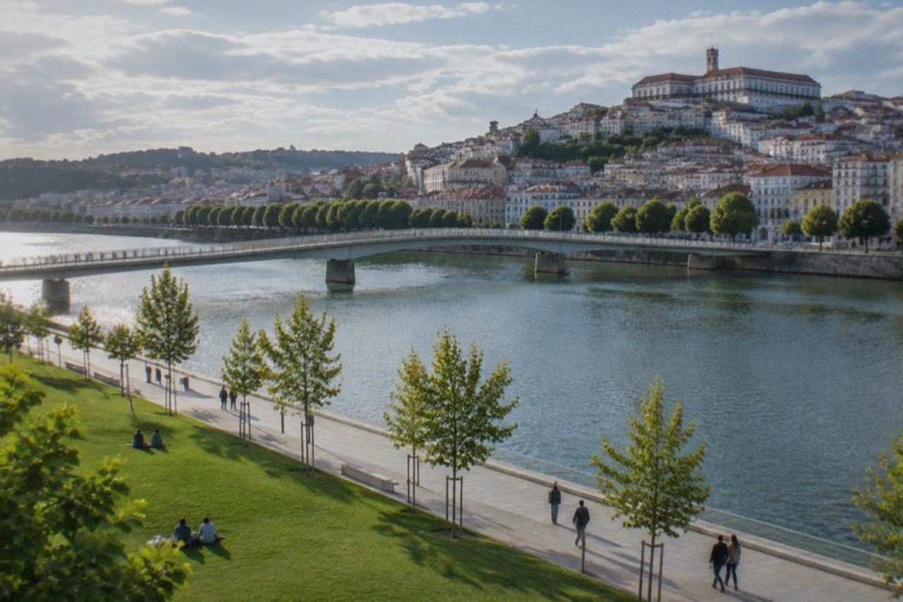 The old university buildings of Coimbra seen across the River Mondego on a clear day