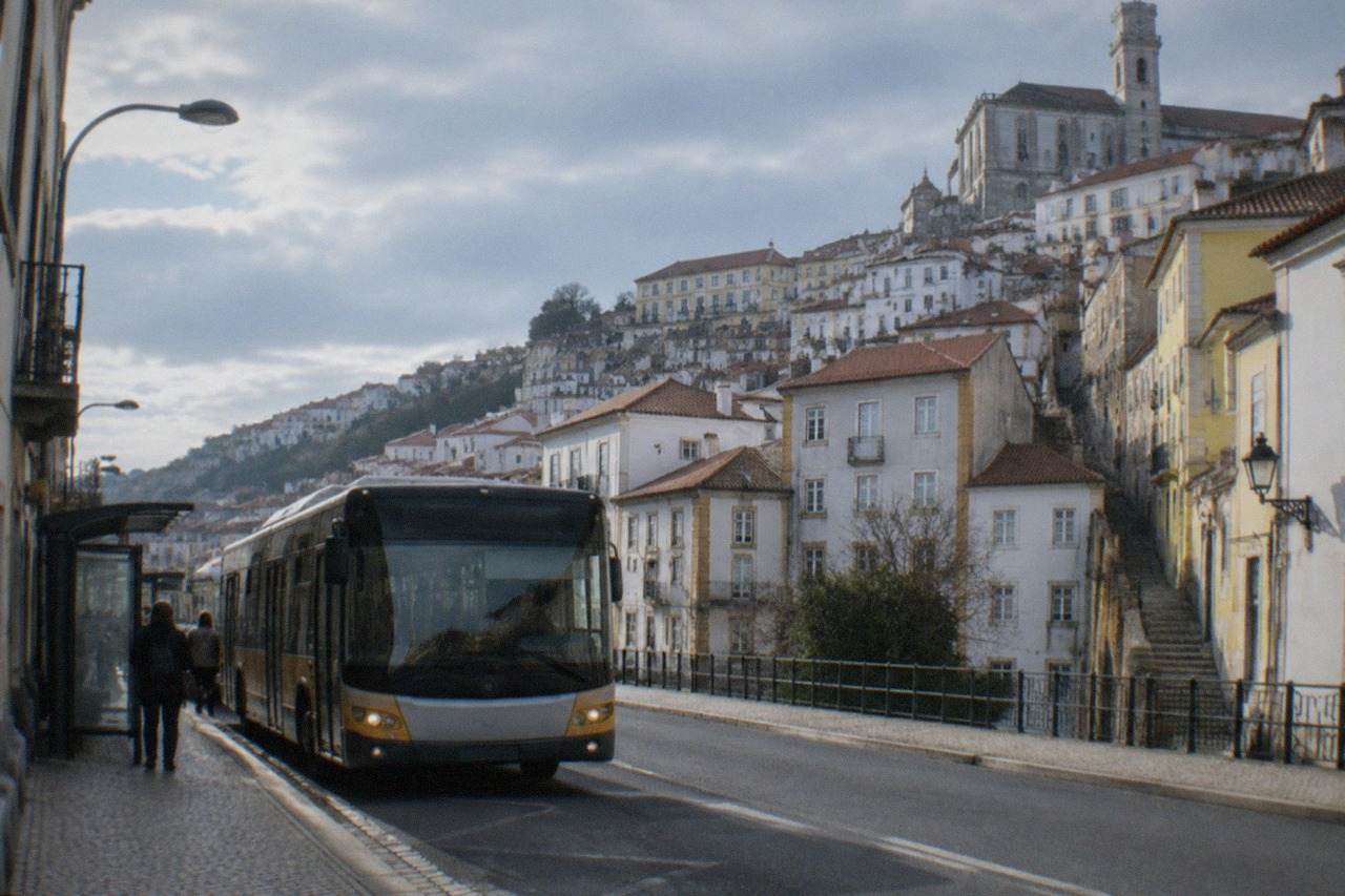 A city bus pulling into a stop on a Coimbra street with the old town rising on the hill behind it
