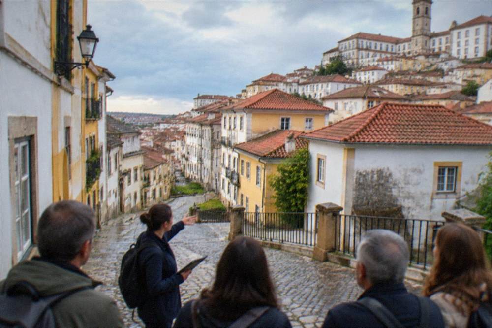 A guide speaking to a small group of visitors on a cobbled street in Coimbra