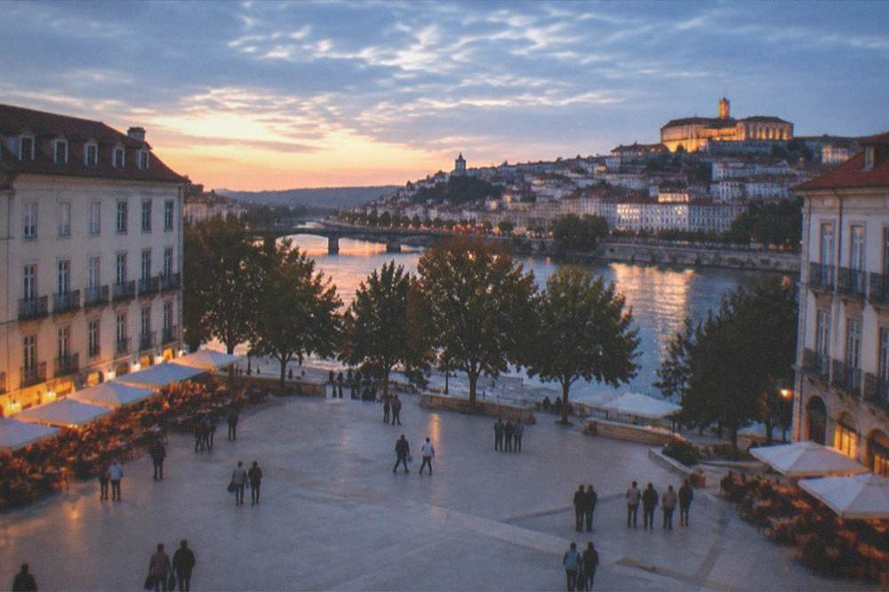 Golden evening light on Coimbra's university hill seen from across the Mondego river