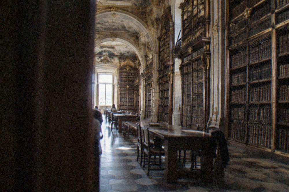 Ancient leather-bound books stacked on wooden shelves behind a protective grille