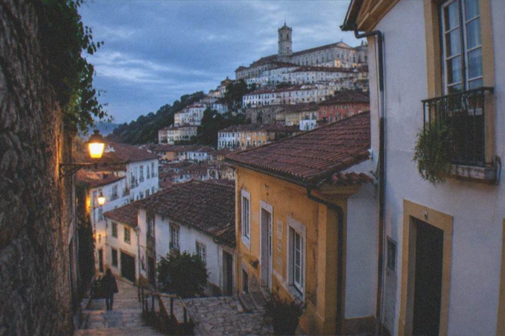 A narrow stone street in a Portuguese hill village with schist walls