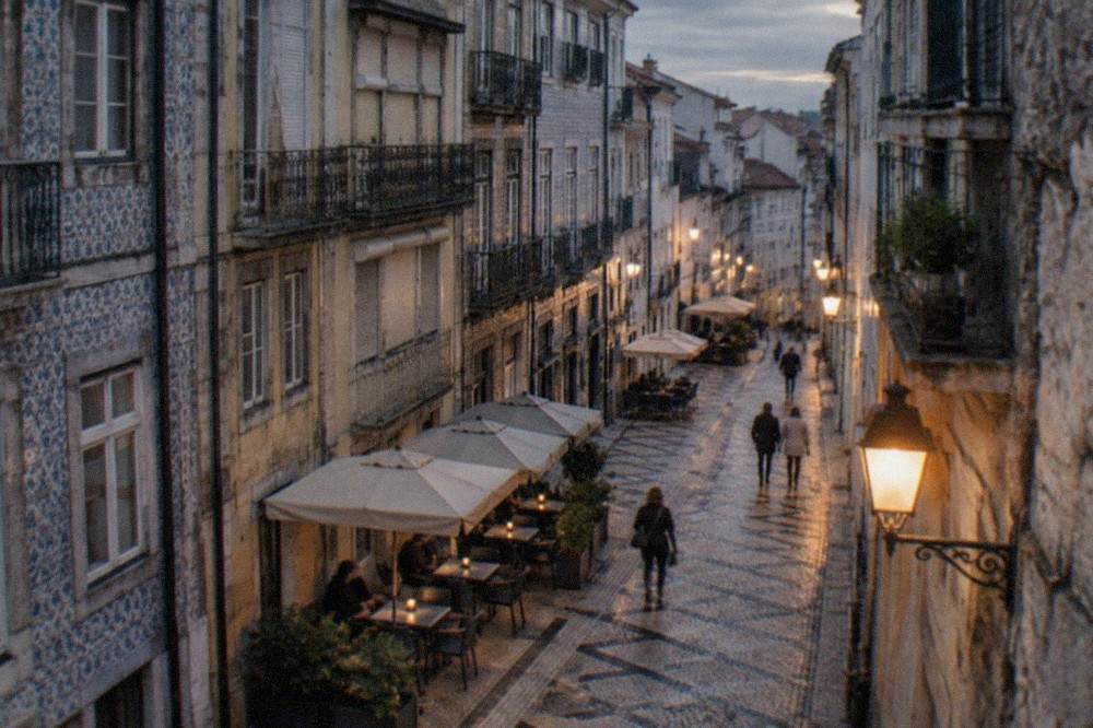 A narrow lamplit street in the Baixa lower town of Coimbra with small bar terraces and stone walls in the evening