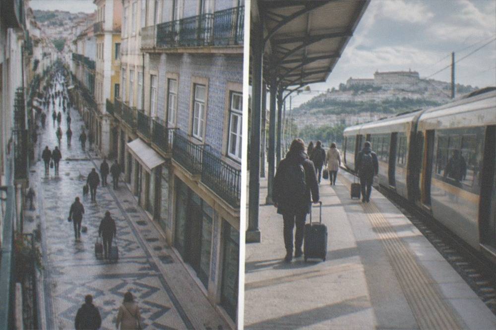 A railway platform in Coimbra with a regional train at the platform and passengers with luggage