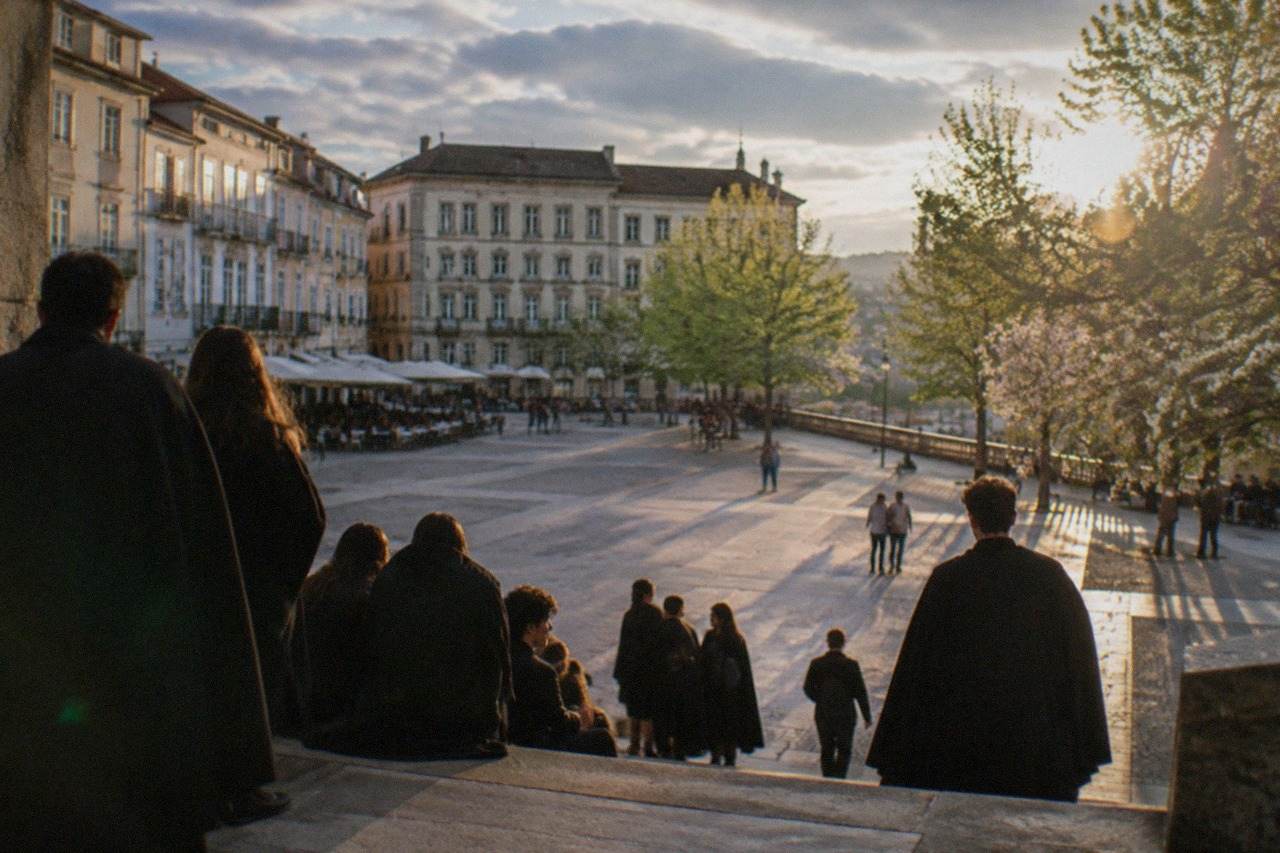 Students in black capes gathered on a staircase in Coimbra's old town during a festival evening