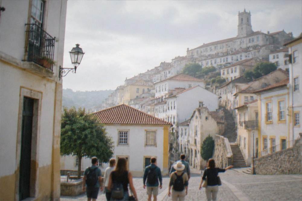 A group of visitors with a guide walking through a cobbled square in the old town of Coimbra