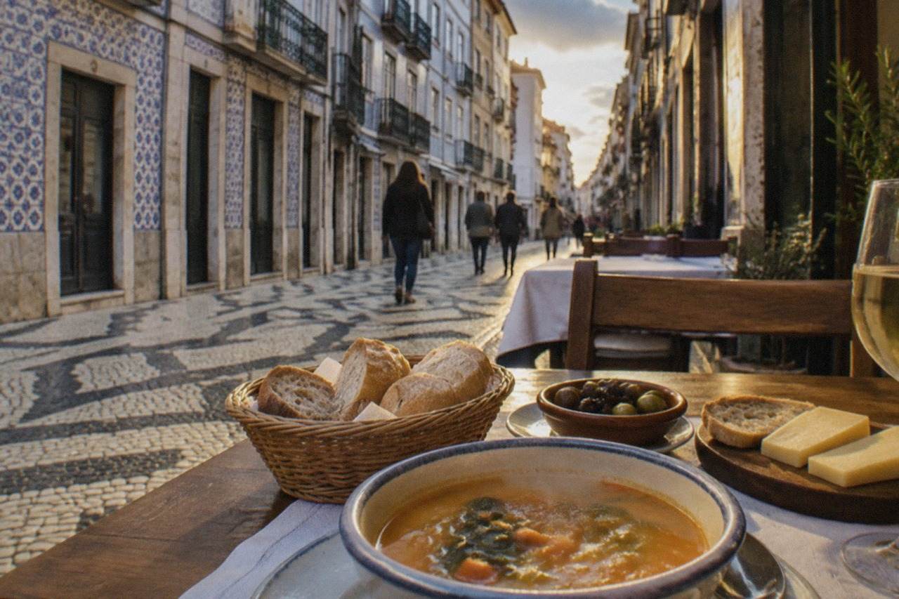 A table set with vegetable soup, bread, olives and cheese in a small Portuguese restaurant