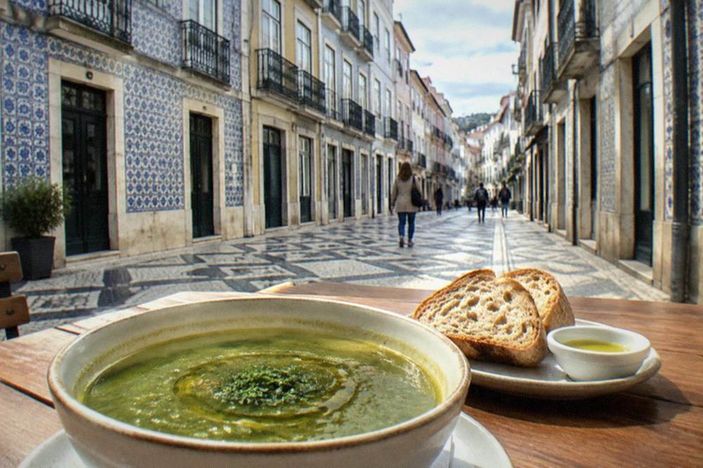 A bowl of thick green vegetable soup with bread and olive oil on a wooden table