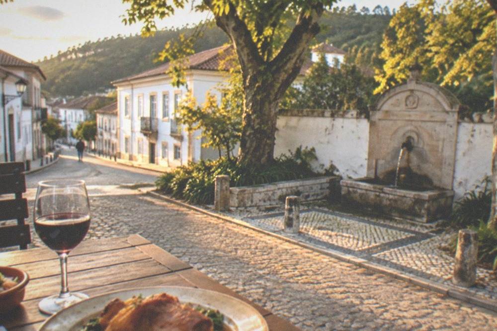 A glass of red Bairrada wine on a table beside a plate of regional food