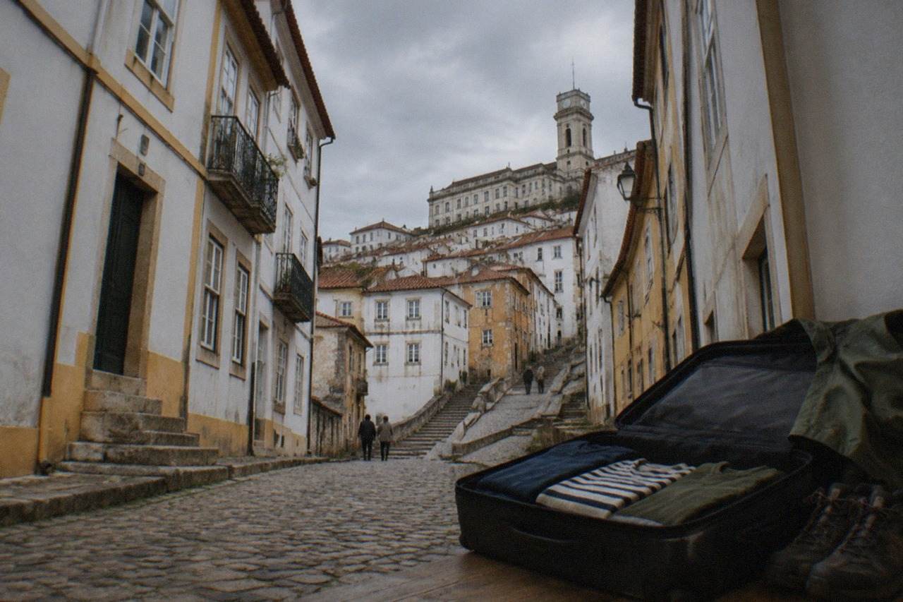 A packed suitcase open on a wooden floor with folded clothes, a rain jacket and walking shoes ready for a city trip