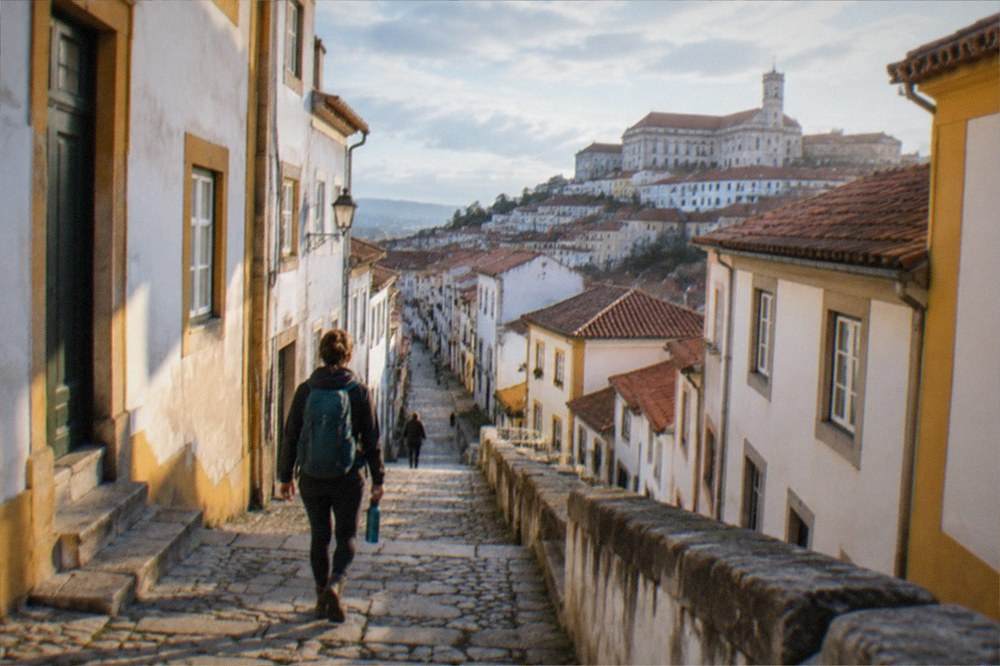 Walking boots, a daypack and a water bottle set against a mountain village backdrop