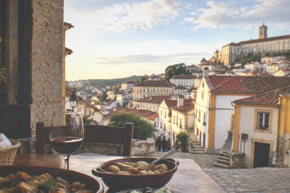 A table with regional Portuguese dishes and a glass of wine in a small Coimbra tavern.